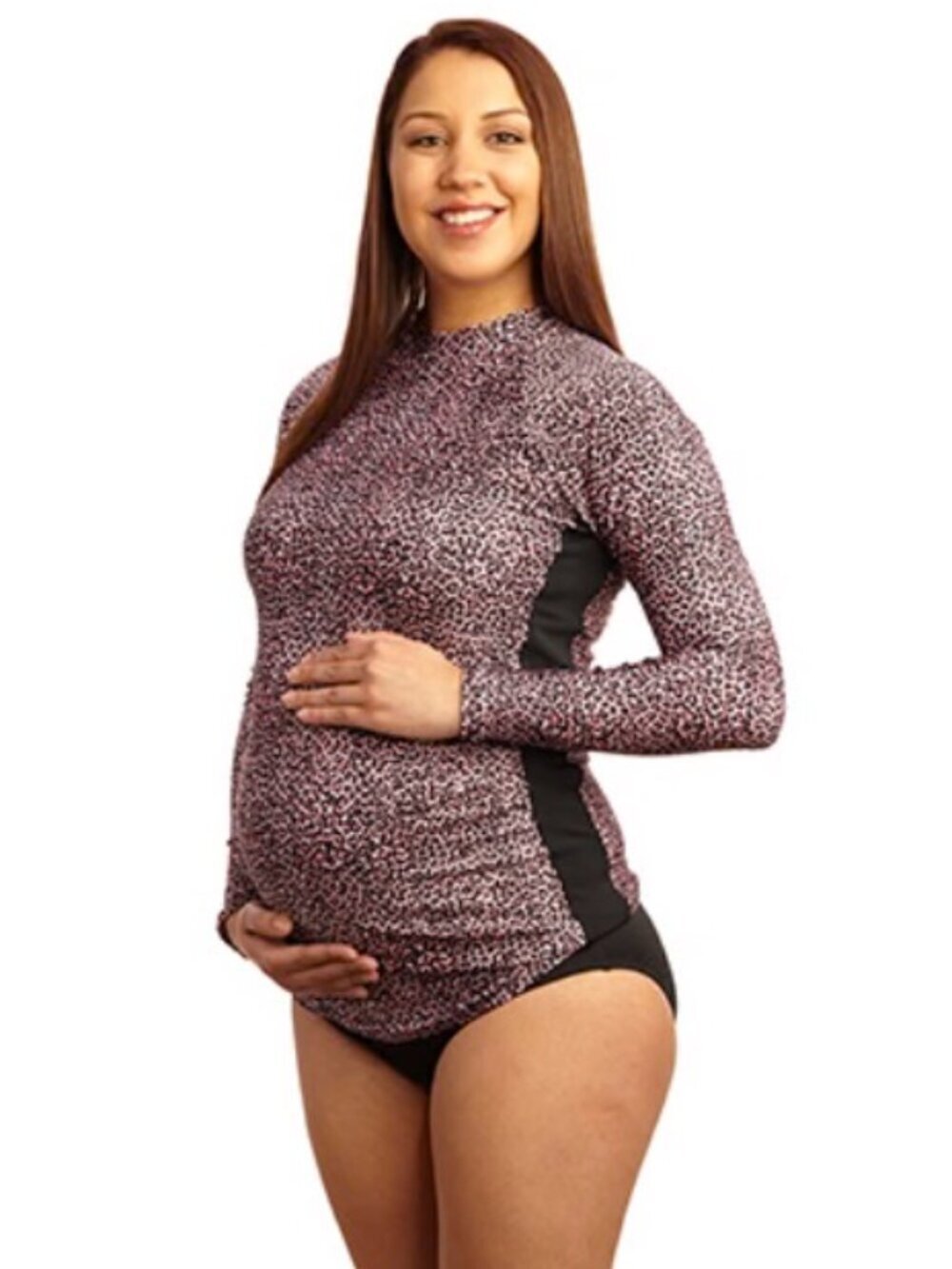 EQ Swimwear - Pink/Leopard Print Maternity Rash Guard Long Sleeve XL